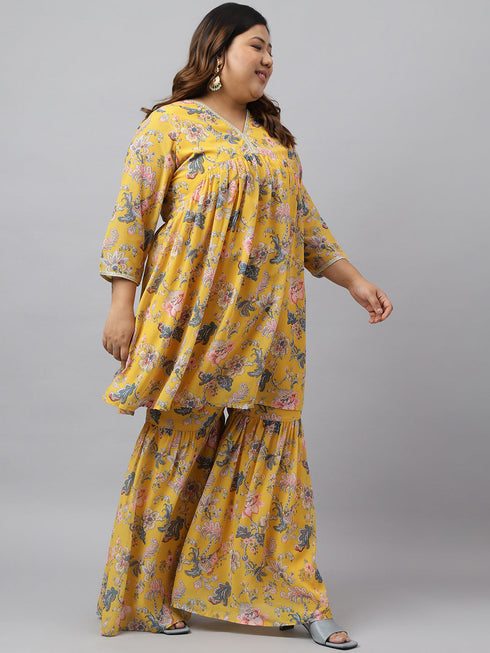 Plus Size Yellow Georgette Kurta With sharara and Dupatta